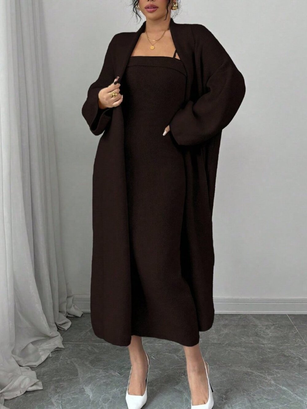 Brown Casual Minimalist Women's Spaghetti Strap knit Dress & cardigan set - Picture 4 of 8